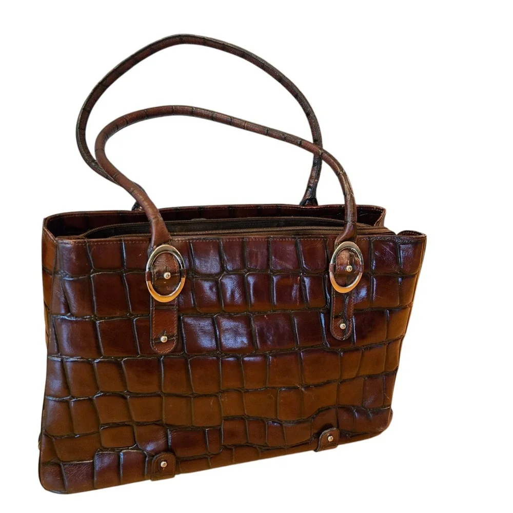 Franklin Covey Croc Embossed Leather Tote Bag Large Office Organizer Briefcase